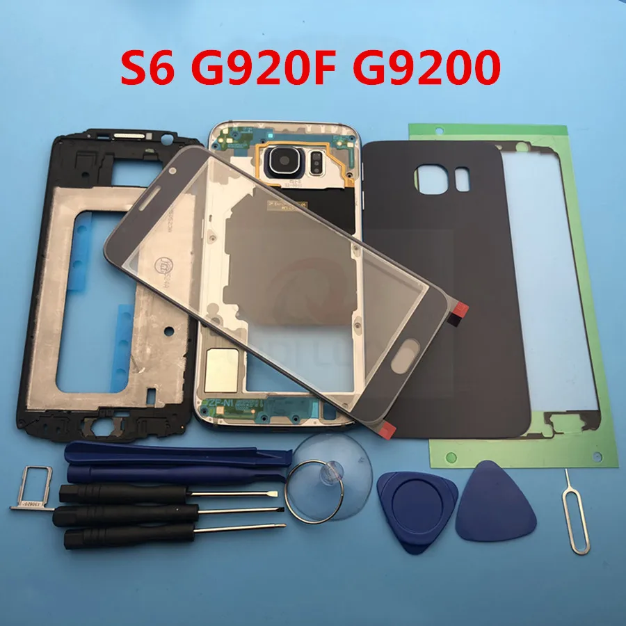 S6 Металл Ближний рамка Батарея задняя крышка для Samsung Galaxy S6 G920 G920F G9200 полный Корпус с сенсорный экран Стикеры клей