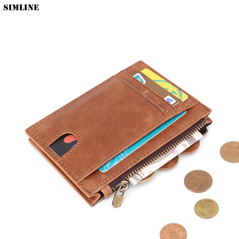 Купить Genuine Leather Card Holder For Men Rfid Blocking Vintage Business Credit Case Small Wallet Zipper Coin Pocket Purse  Багаж и сумки | Card  ID Holders (32997150636)