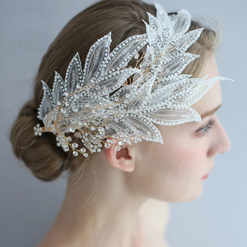 Charming Beaded Bridal Lace Hair Crown Accessories Flower Wedding Hair Jewelry Rhinestone Women Headpiece Ornament