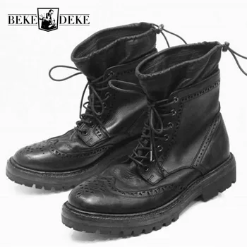 

Retro Fretwork Genuine Leather Boots Mens Black Fashion Round Toe Lace Up Snow Boots New High Quality Ankle Shoes Male