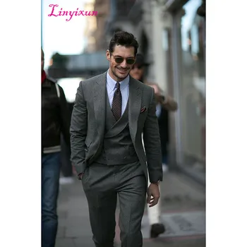 

Linyixun 2017 new Smoking Grey Tweed Jacket Men Suit Terno Slim Fit Skinny Tuxedo 3 Piece Groom mens suits Custom Blazer