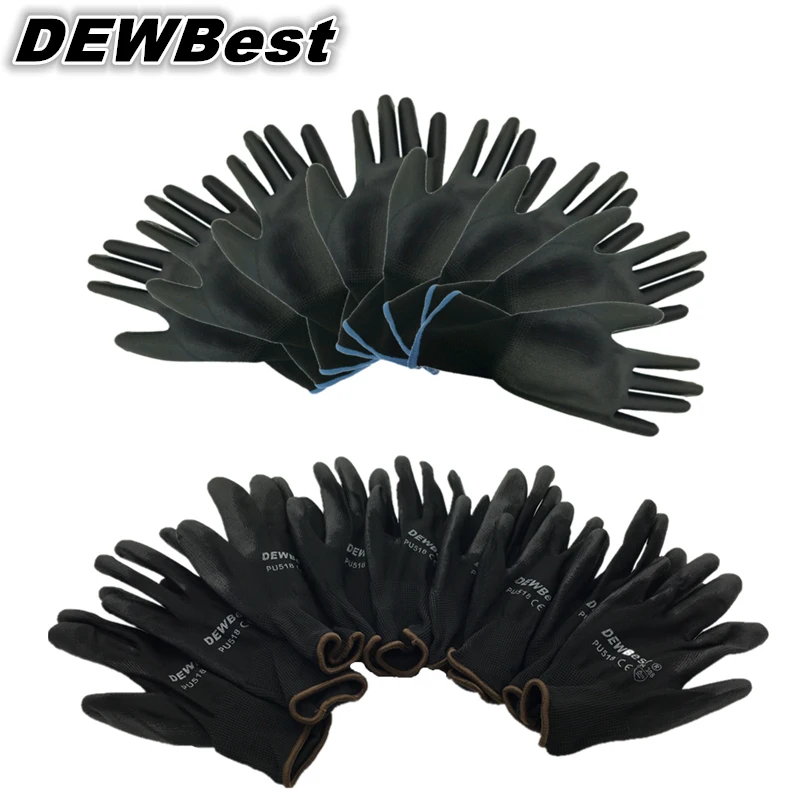 DEWBest новое поступление 12 пар черный нейлон PU рабочие перчатки строительные рукавицы с захватом для ладони защитные перчатки