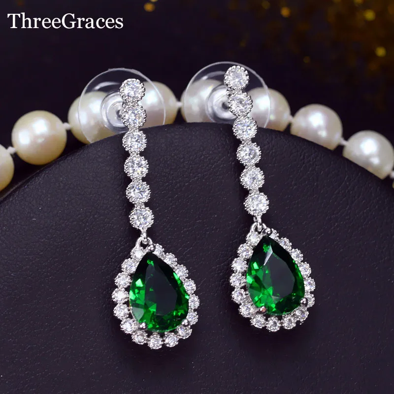 

ThreeGraces Fashion Dazzling CZ Jewelry Silver Color Cubic Zirconia Green Crystal Long Peardrop Dangle Earrings For Women ER045