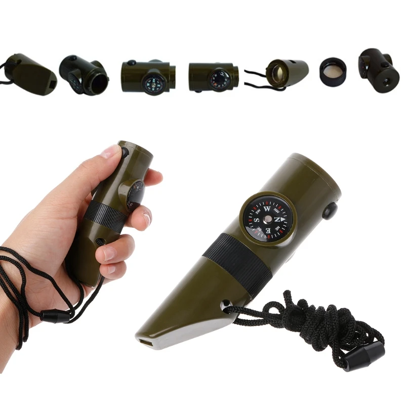

7 in 1 Multifunction Field Survival Whistle Compass Thermometer Flashlight Magnifier Outdoor