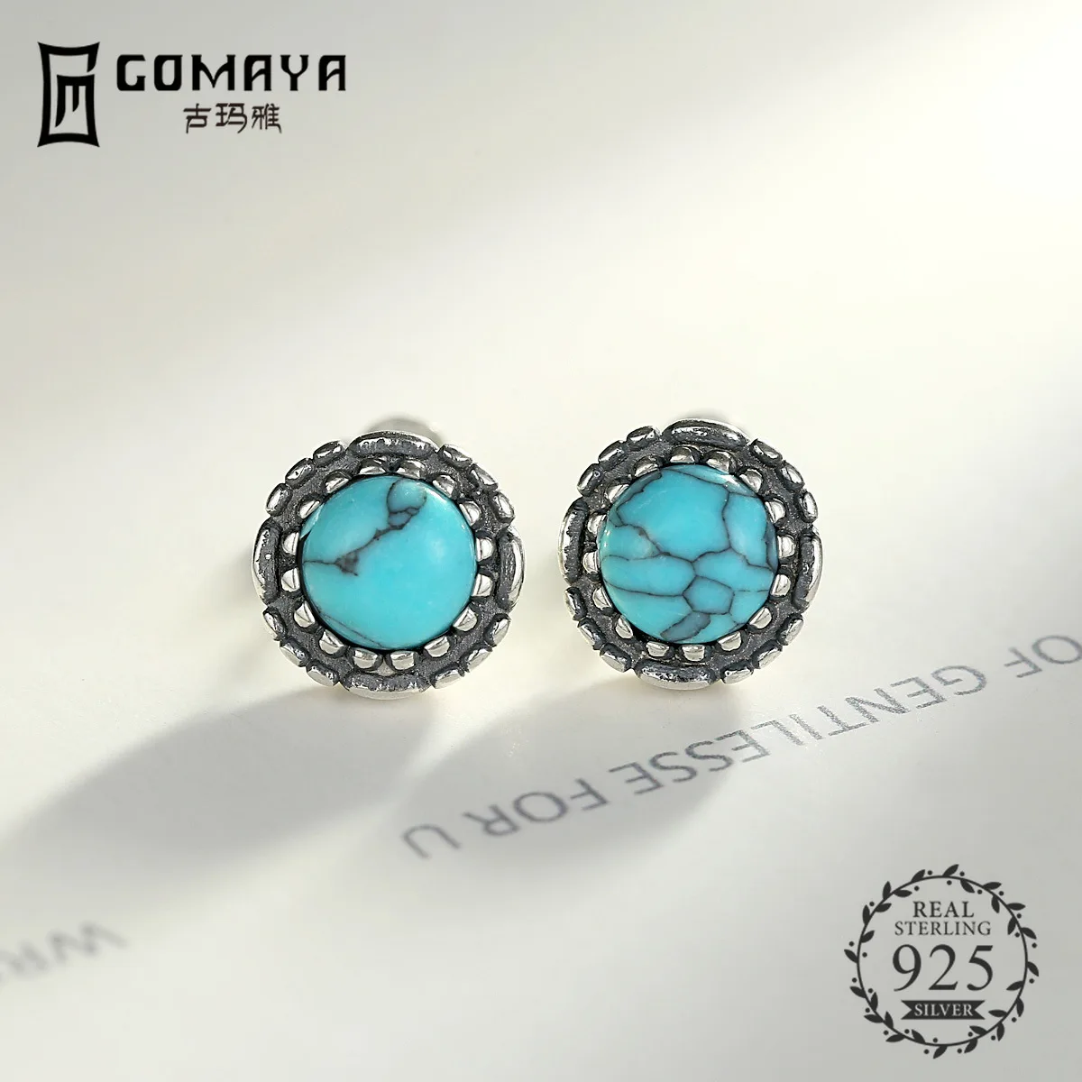 

GOMAYA 100% 925 Sterling Silver Earrings Jewelry Fashion Vintage Turquoise Gemstone Earrings For Women Stud Gift