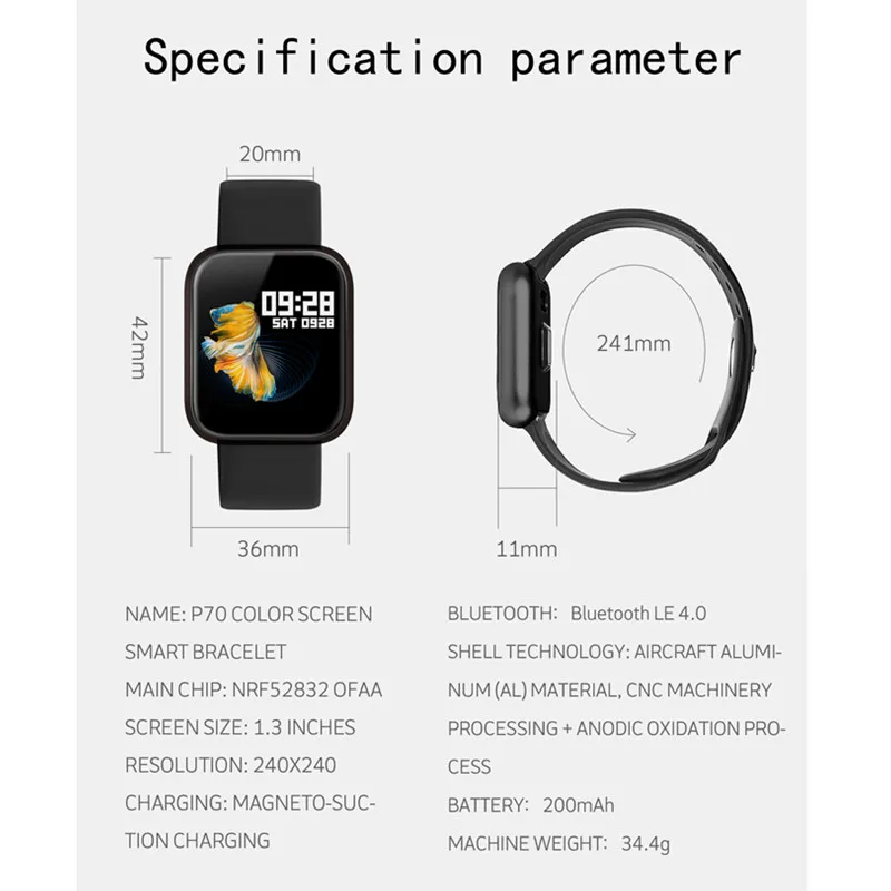 Для apple huawei xiaomi watch P68 pro P70 фитнес-трекер Браслет IP68 Водонепроницаемые мужские и женские Смарт-часы для iphone 6 7 8 VS IWO