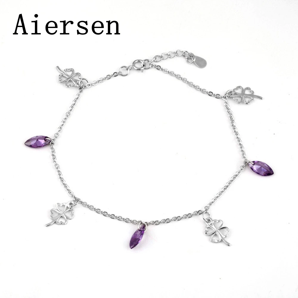 Aiersen Новый Для женщин анклет (браслет на ногу S925 серебряный с аметистом клевер