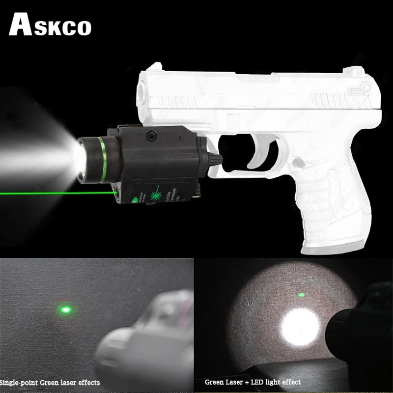 Askco тактический светодиодный фонарик с зеленым с лазером белый свет 200 люменов Пикатинни Крепление для пистолета