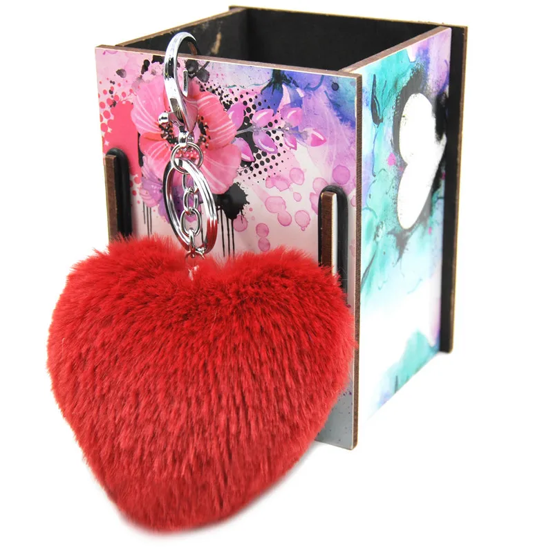 

New Fashion Fluffy Faux Rex Rabbit Fur Heart Pom Ball Key Chain Ring Woman Bag Charms Keychain Man Car Keyring Jewelry Trinkets
