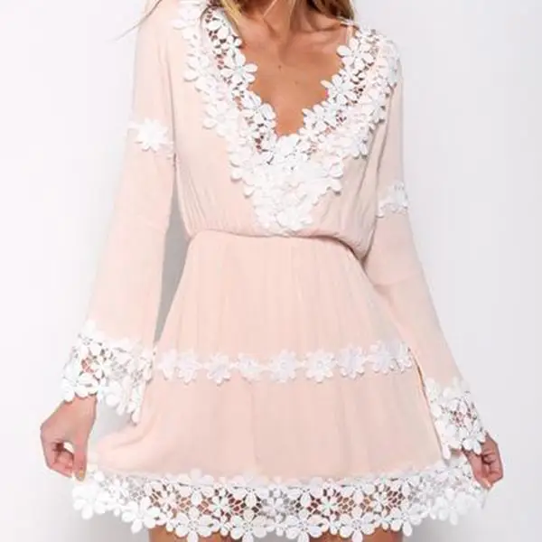 

BEACH DRESS FLOWERS LACE LONG SLEEVE CUTE V NECK SHORT DEEP V NECK CUTE HOT SALE