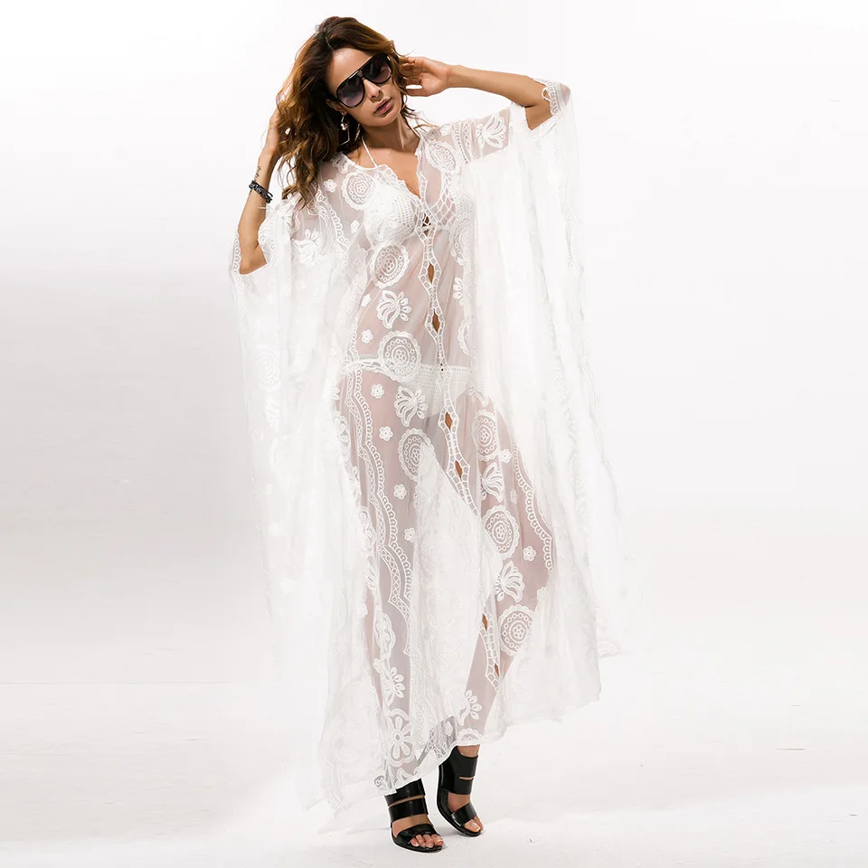 Летний стиль женское платье однотонная Белая Туника кружевные платья пляжное платье-туника с v-образным вырезом рукав «летучая мышь» Макси платье пляжное платье Vestidos Q128
