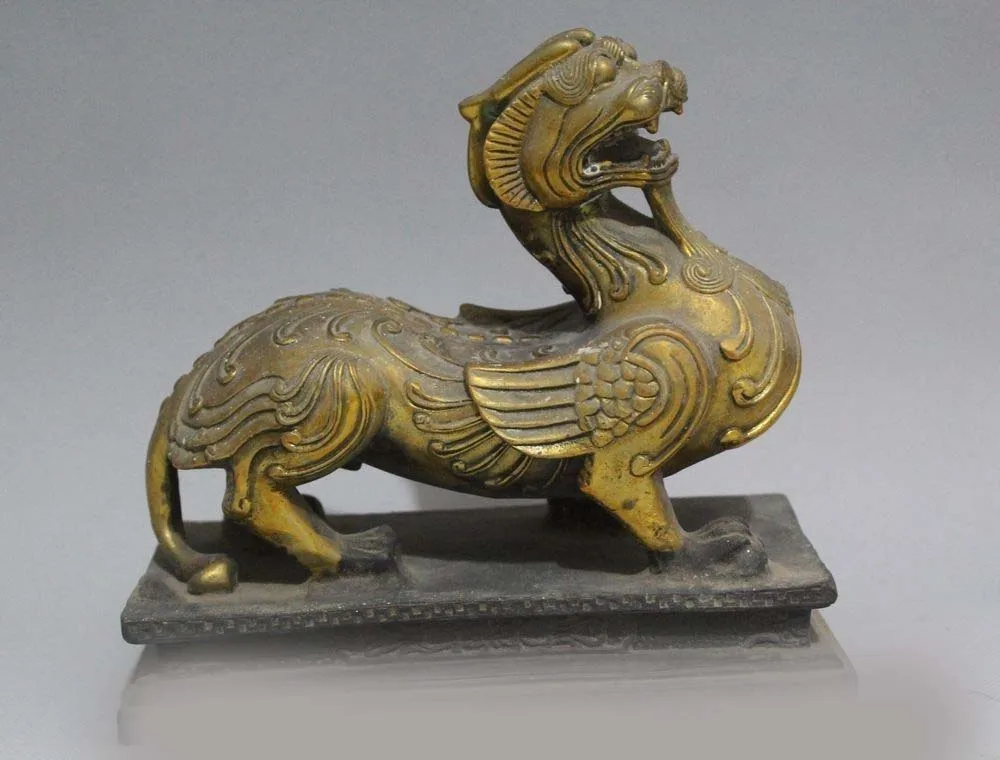 

7" Chinese Bronze Gold Folk animal Kylin Chi-lin Qilin Beast sculpture Statue