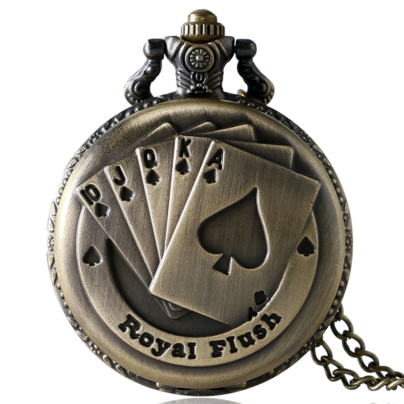 Retro Bronze Metal Poker Card Pattern Quartz Pocket Watch Relojes Hombre Analog Pocket FOB Watches with 30cm Chain Gifts P80C Retro Bronze Metal Poker Card Pattern Quartz Pocket Watch Relojes Hombre Analog Pocket FOB Watches with 30cm Chain Gifts P80C