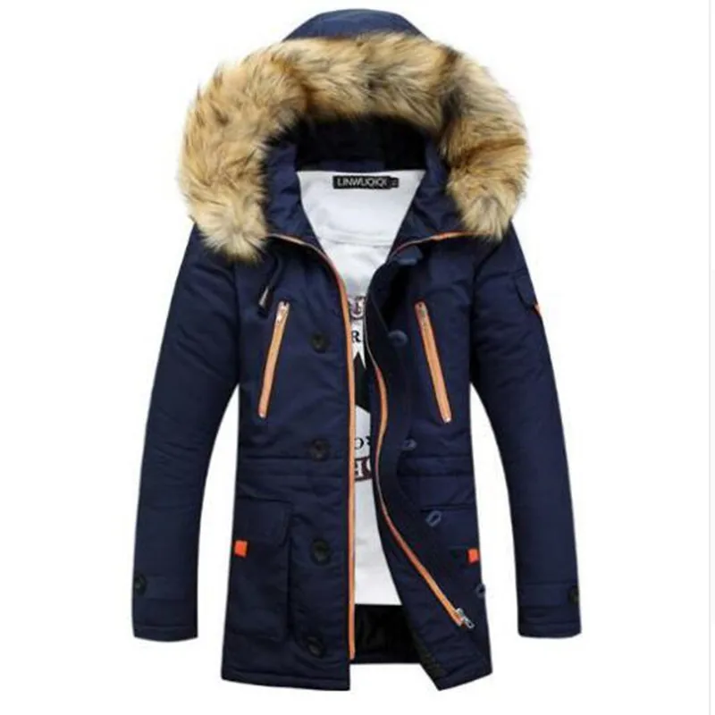 Зимняя мужская куртка, брендовая Повседневная теплая парка, Мужская модная куртка со съемным меховым капюшоном, уплотненная Мужская куртка, верхняя одежда, размер S-3XL - Цвет: Тёмно-синий