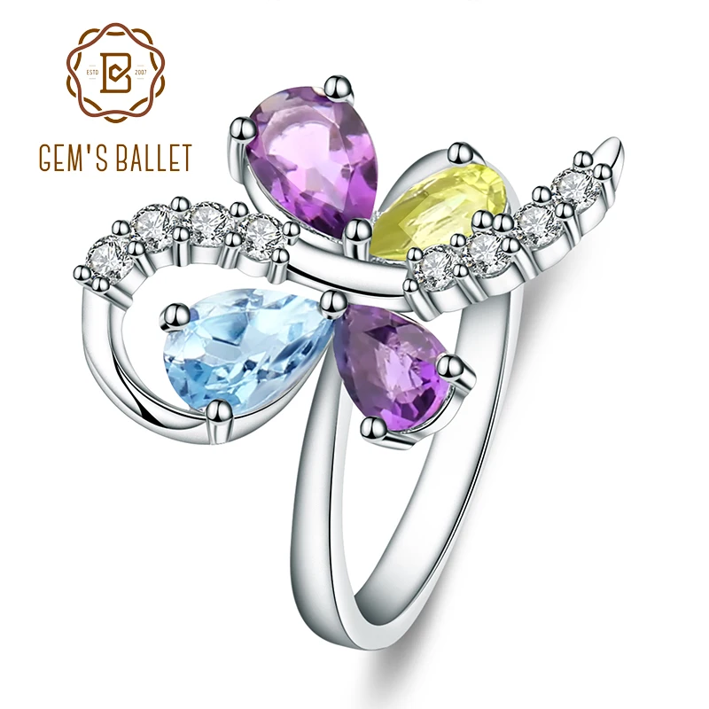 GEM'S BALLET Sky Blue Topaz Amethyst Peridot Mix Gemstone Ring 925 Sterling Silver Women's Butterfly Rings Fine Jewelry GEM'S BALLET Sky Blue Topaz Amethyst Peridot Mix Gemstone Ring 925 Sterling Silver Women's Butterfly Rings Fine Jewelry