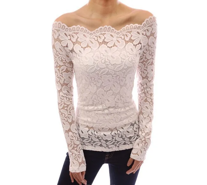 

T shirt women 2019 new fashion summer style off shoulder long sleeve bud silk unlined upper garment lace shirt MP176