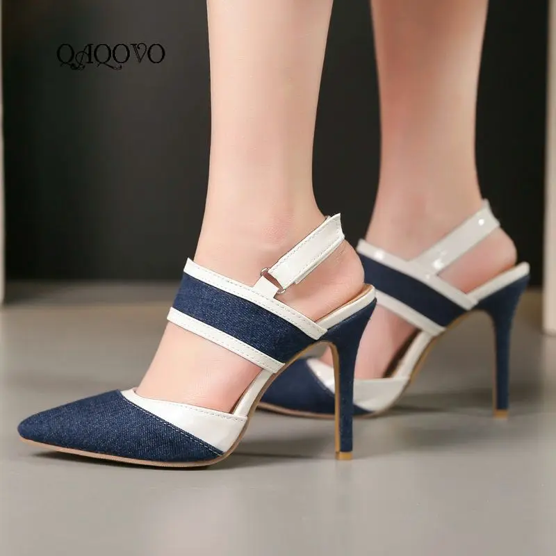 

2019 Fashion Denim Sandals Women Sexy Thin High Heels Buckle Pointed Toe Party Shoes Female Plus Size 34-43