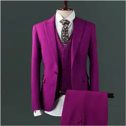 Новый мужской костюм Фиолетовый нагрудные мужской костюм 3 шт. куртка Штаны жилет тонкий пиджак деловые торжественное платье Жених мужская