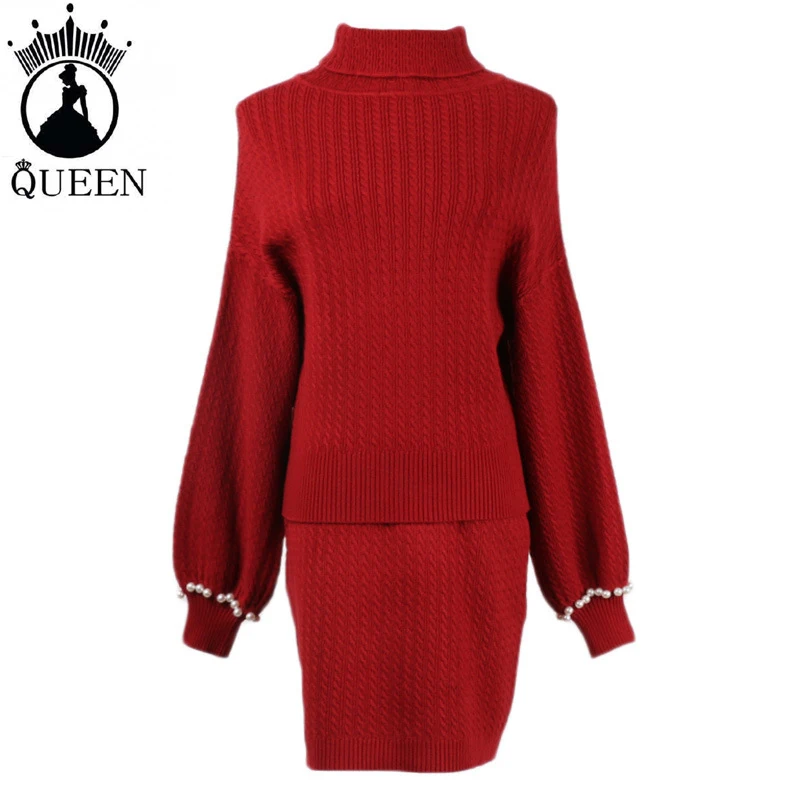 Комплект из 2 предметов для женщин водолазка свитер мини юбка наборы для ухода за кожей костюм 2019, Новая мода Элегантный бусины повседнев