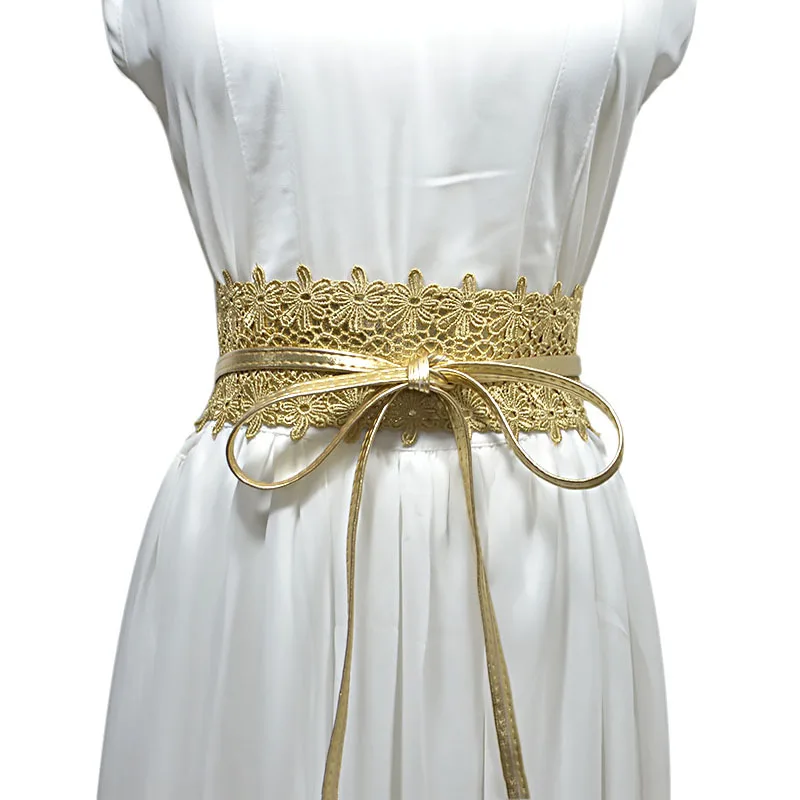 Новые женские Свадебные ремни платье женское кружевное кружево широкий пояс черный белый модный Кружевной Галстук из мягкой ткани ремень harajuku C39 - Цвет: Золотой