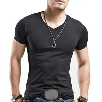 

S-5XL Men Plus Size Summer Basic Top Solid Color Short Sleeve V Neck Slim Fit T-Shirt Mens V neck Man T-shirt For Male Tshirts