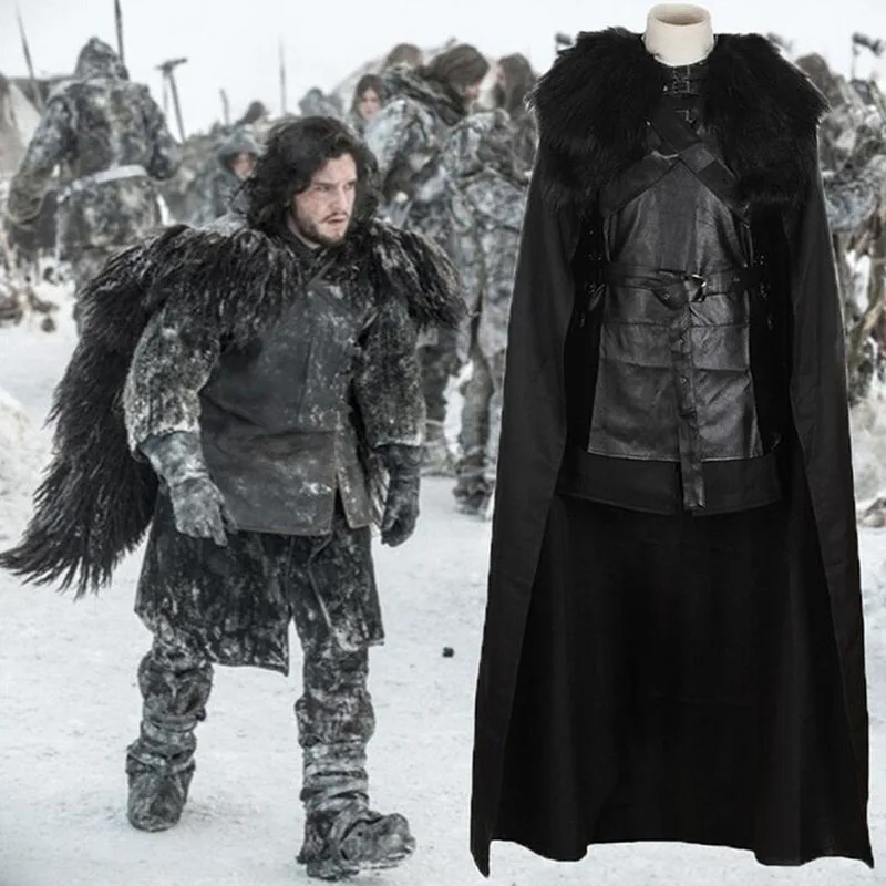 

New Full set game of thrones cosplay costumes men adult song of ice and fire jon snow cloak + vest + skirt + wig cosplay costume