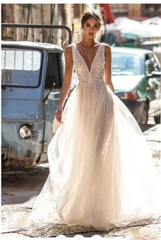 

Smileven Boho Wedding Dress Backless Lace Bride Dress Sexy V Neck 2020 Appliqued Lace Long Bridal Gowns