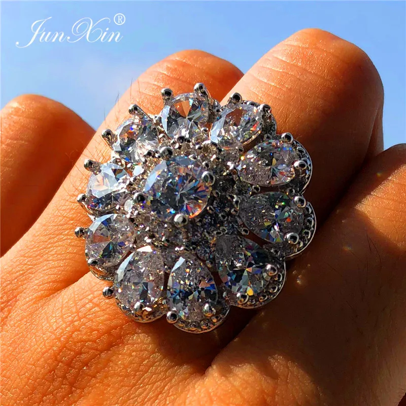 90% скидка роскошное женское большое очаровательное кольцо из циркония с камнем милое кольцо 925 серебряный белый розовый Подсолнечник кольцо обещание на помолвку кольца для женщин
