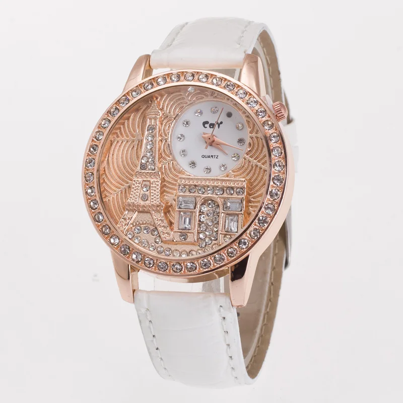 

Effiel Tower The Arc de Triomphe Rose Gold Crystal Diamond PU Leather Quartz Wristwatches Wrist Watch for Women Ladies OP001