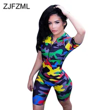 Сексуальный короткий комбинезон с камуфляжным принтом, женский комбинезон на молнии спереди с коротким рукавом, Облегающий комбинезон, уличная одежда с воротником-стойкой, цельный комбинезон