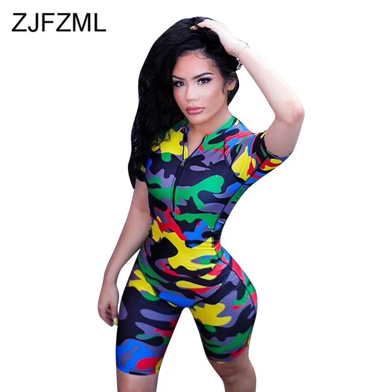 

Camouflage Print Sexy Short Playsuit Women Front Zipper Short Sleeve Bodycon Jumpsuit Streetwear Stand Collar One Piece Overall