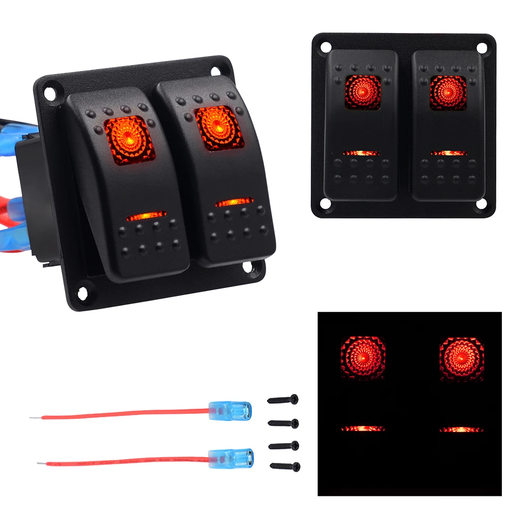 

Rocker Switch Aluminum Panel 2 Gang Toggle Switches Dash with 5 Pin 2 LED Backlit for Boat Car Marine (Red)