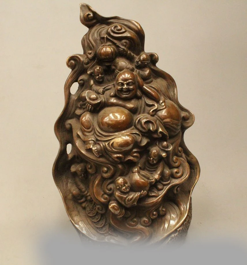 

13" Lucky China Buddhism Bronze Happy Laugh Maitreya Buddha Boy Gal Statue