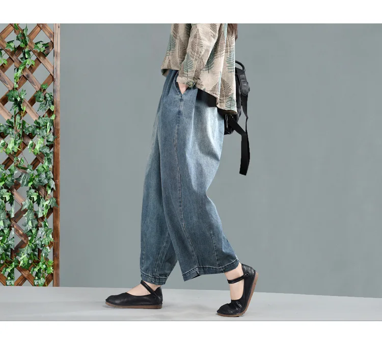 Весенне-осенние женские джинсы большого размера, свободные Ретро повседневные джинсовые штаны, новые винтажные брюки с эластичным поясом и карманами, Mori girl