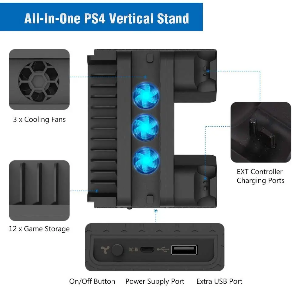 PS4 Slim/PS4 Pro/PS4 вертикальная подставка базовый контроллер зарядное устройство вентилятор охлаждения игровой диск башня хранения для playstation 4 Dualshock 4 P4