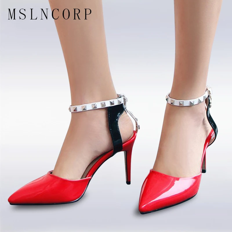 

plus size 34-47 New Women Pumps Ladies Sexy Pointed Toe High Heels Fashion Buckle Ankle Rivet Strap Sandals Party Wedding shoes