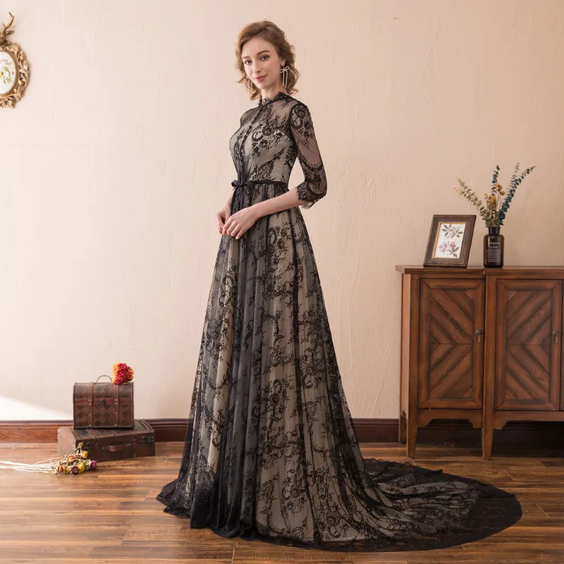 В наличии кружева О образным вырезом три четверти Vestido de festa Longo праздничное