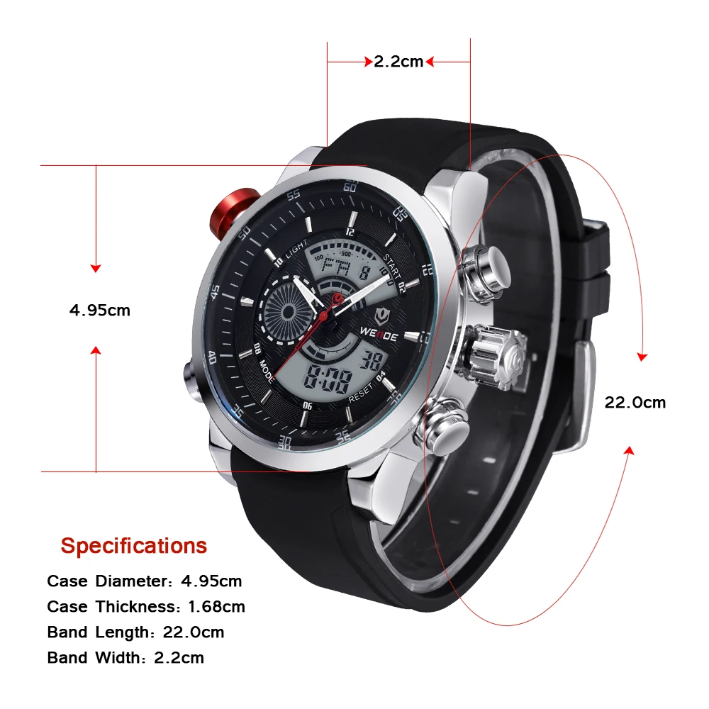 WEIDE Quartz Sports Wrist Watch Casual Genuine Mens LCD Analog Digital Dual Time Watch Black Waterproof Watches Original Gifts