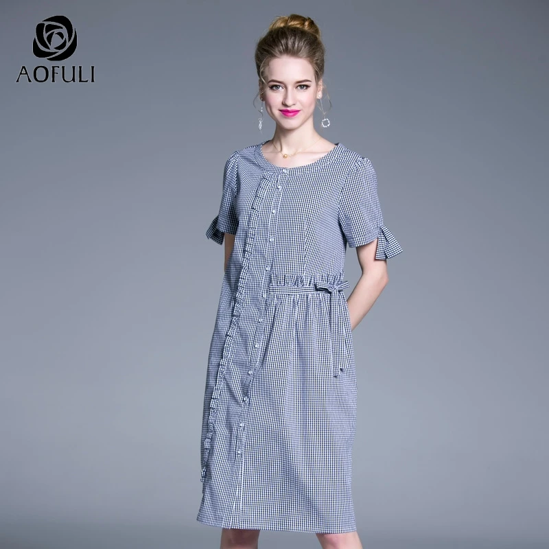 Платье-рубашка AOFULI L ~ 3XL 4XL клетчатое с принтом летнее коротким рукавом