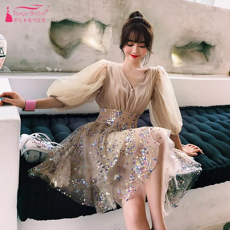 Таня Хаки Цвет V образным вырезом Половина рукава платья для выпускного вечера по колено Bling Мода выпускное платье DQG853