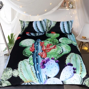 

Fashion Fresh Pastoral Style Green Cactus Pattern Bedding Set Soft Breathable Black Polyester Fiber Duvet Cover Pillowcase