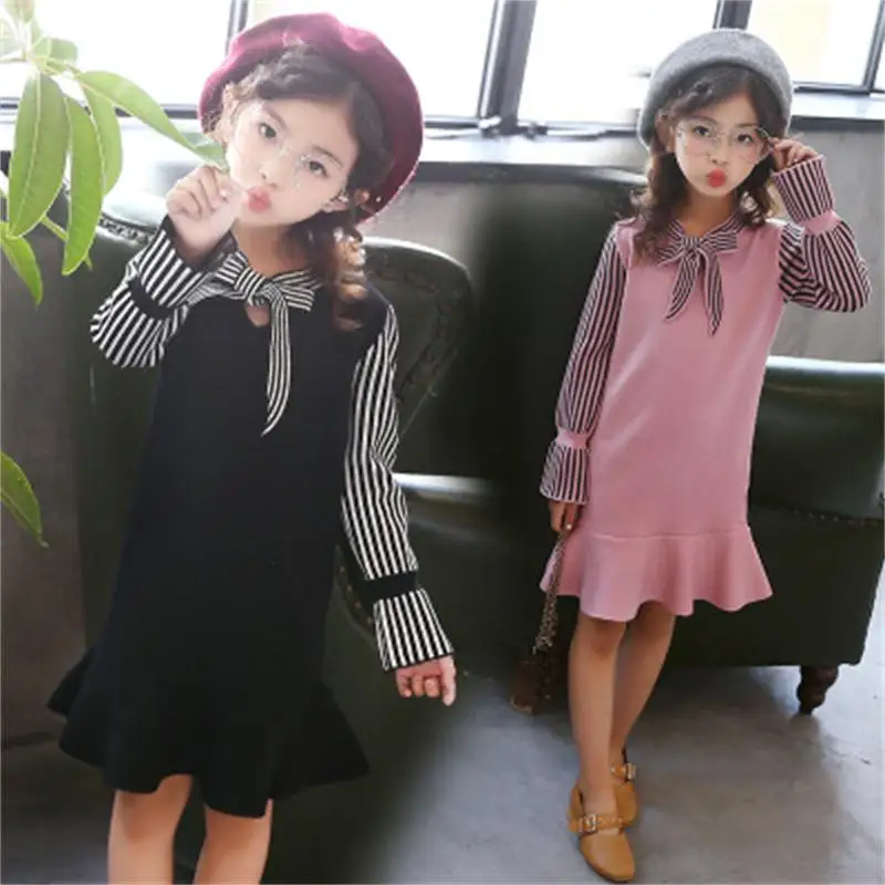 

2018 spring new tide Fan ladies college wind knit skirt girls striped long-sleeved fake two-piece dress sweater