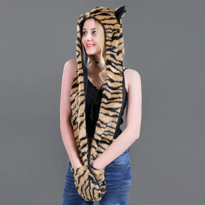 Yellow Tiger Новинка, брендовая зимняя теплая шапка с мультяшным животным, плюшевая шапочка, флисовая зимняя теплая пушистая шапка с капюшоном, шапка-ушанка - Цвет: Yellow Tiger