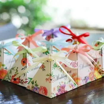 

50Pcs Triangle Ribbon Candy Box Gift Wedding Party Baby Shower Paper Container Fashion