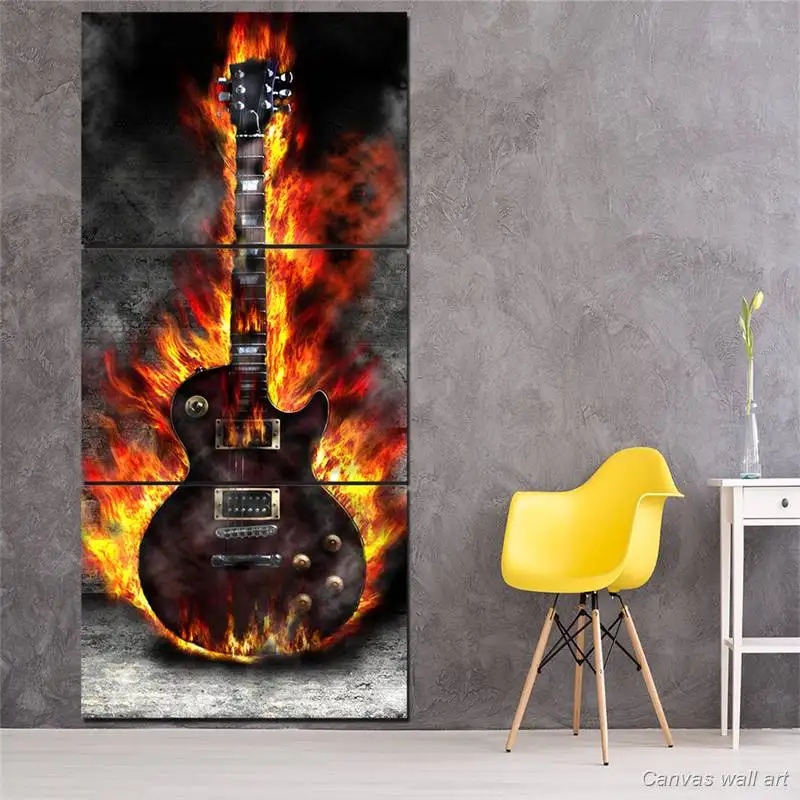 Hd Printed 3 Panel Canvas Art Burning Guitar Canvas Painting Room Decor