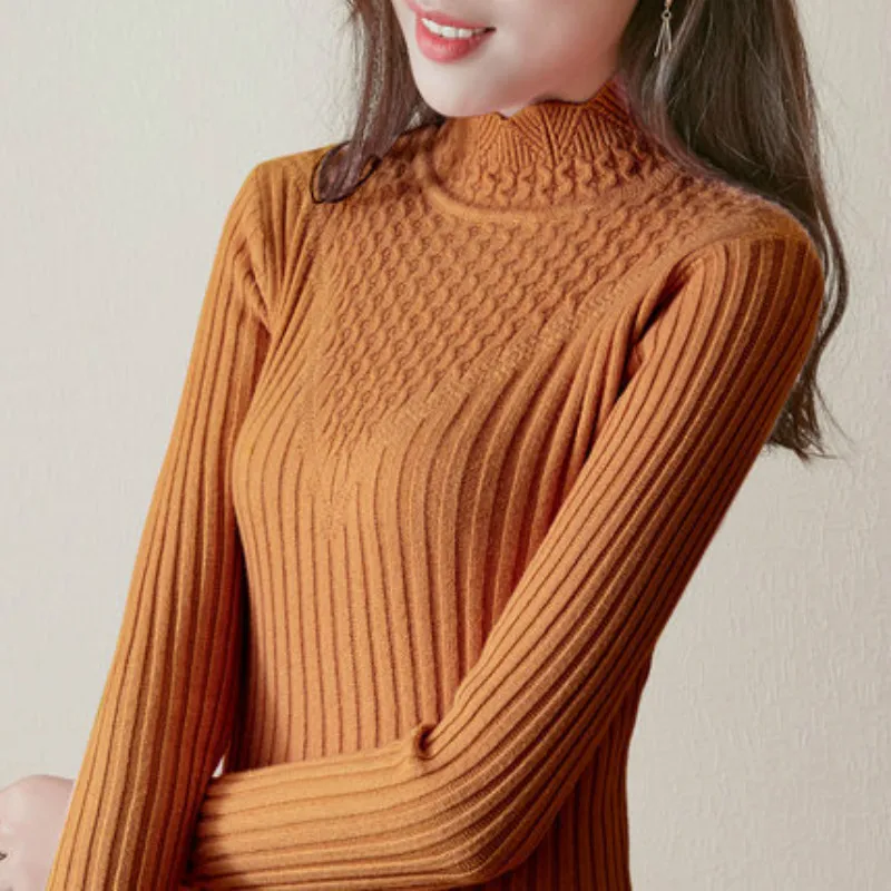 

Sweater female 2019 autumn and winter new half-high collar fishtail hem Slim knit bottoming shirt hipster sweater