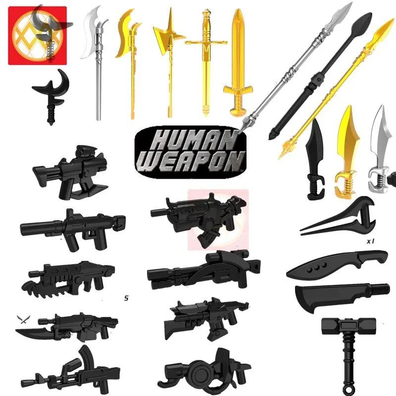 

10PCS/Lot Military SWAT Police Heavy Machine DIY gun weapon sword scimitar Spear sword WW2 kinds arms building blocs kids toys