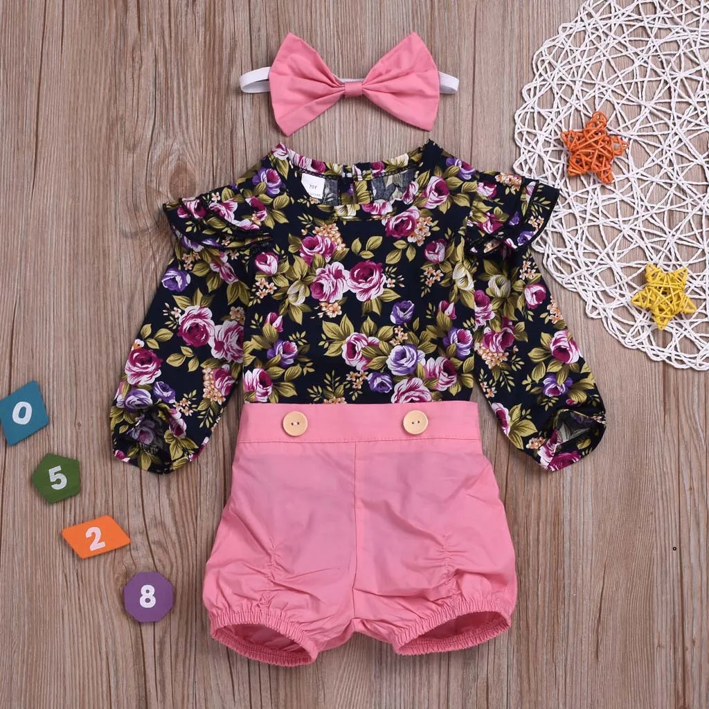

ISHOWTIENDA Newborn Infant Baby Girls Floral Print Romper Shorts Headbands Outfits Set Casual Comfortable roupa de bebe terno