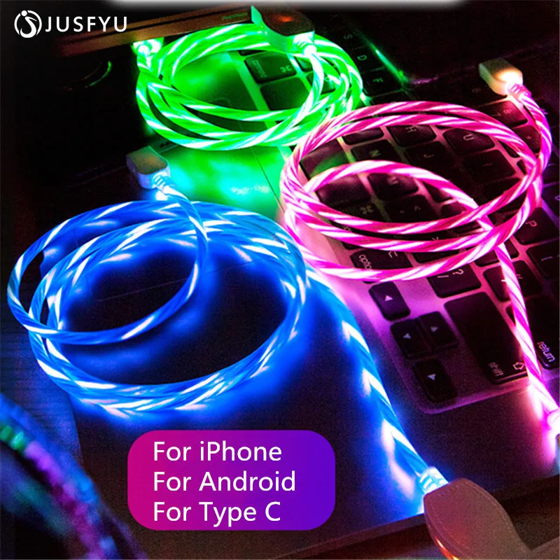 

USB Cable Type C Cable Flowing LED Glow Charging Data Sync Mobile Phone Cables For iPhone 6 Android Samsung S9 USB Charging line