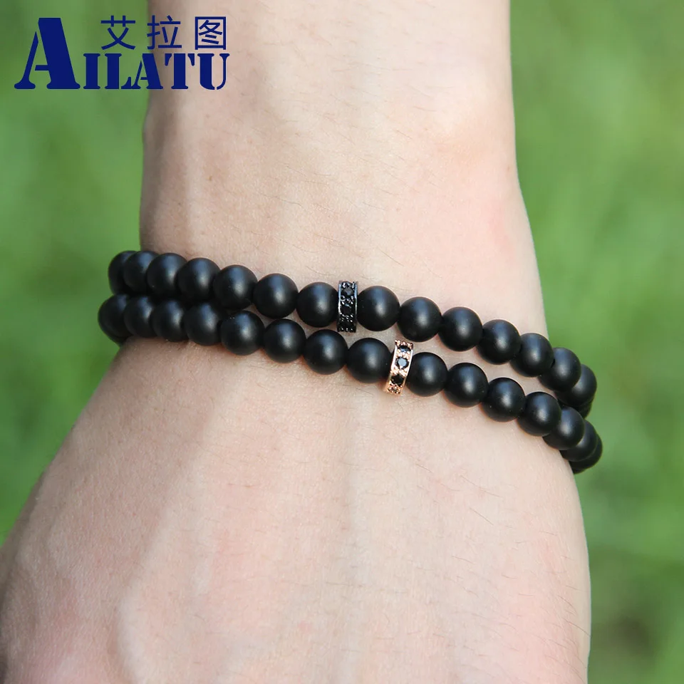 Ailatu Lady's Summer European American Fashion Brand 6mm Matte Onyx Stone with Micro Inlay Black Zircons Wheel Spacer Bracelet |